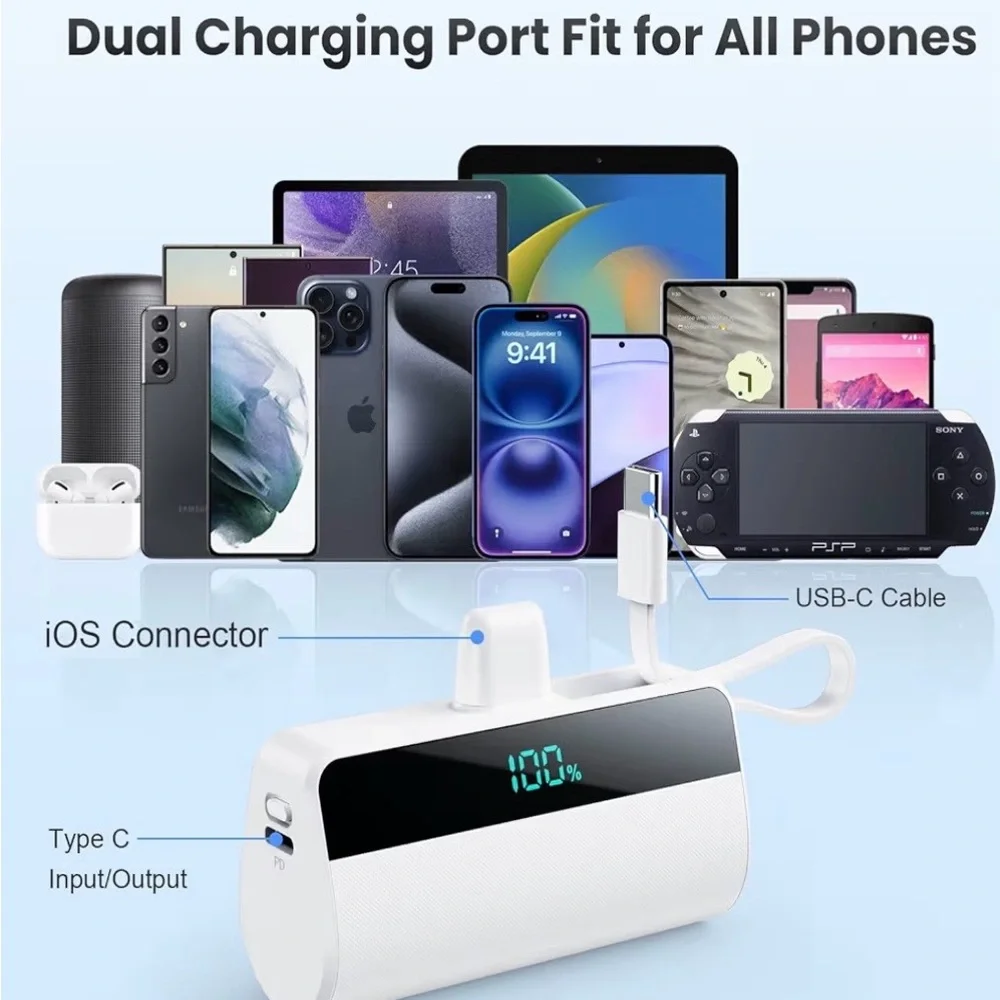 Portable White Power Bank with Lightning Connector - White